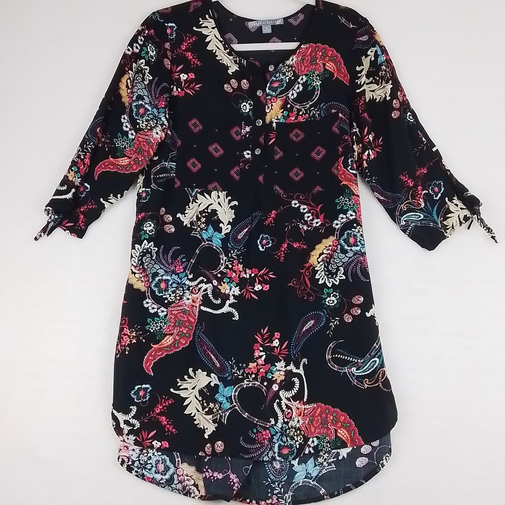 Valerie Stephen's Womens Boho Tunic Size Small in‎ Black Floral 3/4 Sleeve